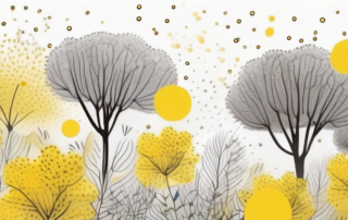 Yellow pollen grains floating in the air against a backdrop of trees and flowers