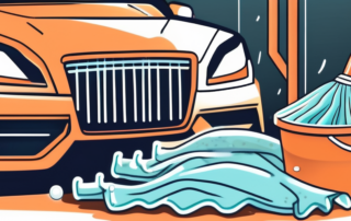 Various car washing tools such as a bucket filled with soapy water