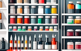 A vibrant and well-organized paint shop showcasing a variety of premium paints and lacquers in different colors and finishes