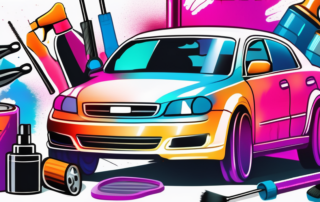 A spray paint can with a vibrant color being sprayed onto a car part