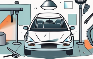 A car with a detached side mirror on the ground next to it