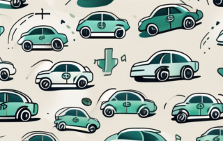 A car with financial symbols like dollar signs and percentage symbols floating around it