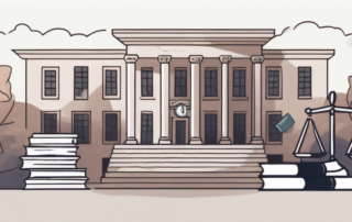 A university building with a balance scale in front of it