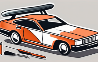 A car with visible paint damage on one side and a set of car repair tools nearby