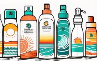 A variety of colorful sunscreen bottles under the bright sun with a background of a beach scene