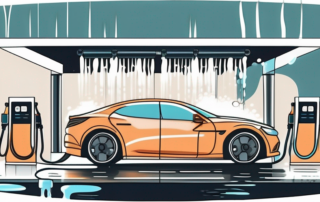 A modern car wash facility with various cleaning mechanisms and water jets in action