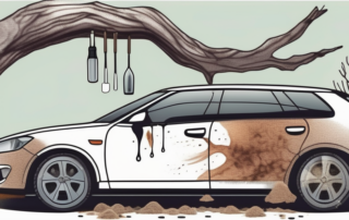 A car with spots of dried tree resin on its surface