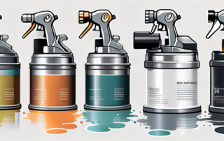 A spray gun with different types of paint cans