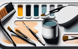 A can of acrylic lacquer thinner being poured into a mixing tray with paintbrushes and a painted surface nearby