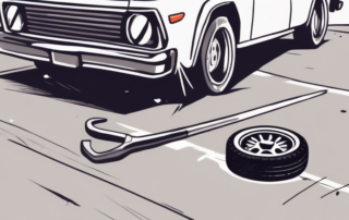 A burst tire on a car parked by the side of a road