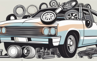 A magnifying glass over a car with various car parts like engine