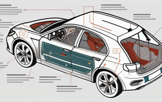A car with its body parts labeled in a schematic or exploded view