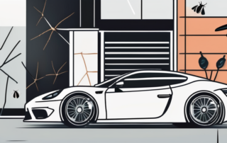 A close-up view of a car's surface with dried insects and a bottle of insect lacquer remover next to it