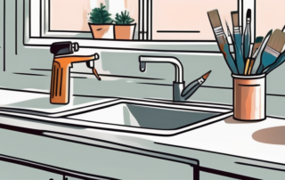 A kitchen sink with a paintbrush and a can of paint beside it