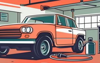 A car in a garage with various inspection tools like a flashlight