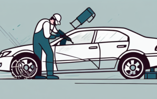 A car with visible dents being repaired with professional tools