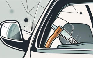 A broken car side mirror being fixed with tools like a screwdriver and adhesive