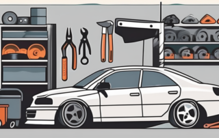 A car in a garage with various tools and car parts scattered around