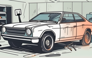 A car with visible paint damage and a set of repair tools nearby