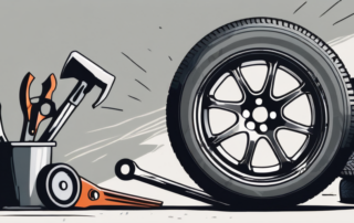A burst car tire with various tools nearby