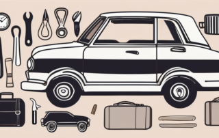 A car being inspected with various tools