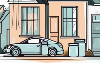 A car parked outdoors with various household cleaning items like a bucket