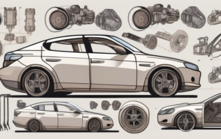 A disassembled car with its various parts spread out