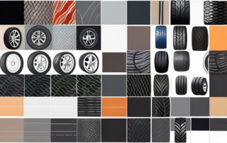Various types of car tires with different patterns and textures