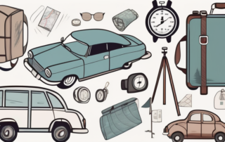 A car on a scenic road with various travel essentials like a map