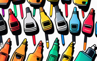 Various car paint pens neatly arranged with different car models in the background