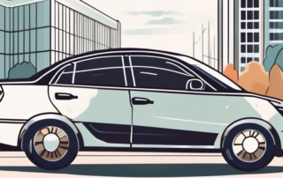 A brand new car with a dealership tag hanging from the rearview mirror