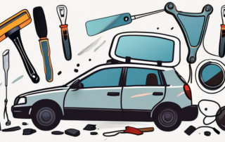 A broken car side mirror with various repair tools scattered around