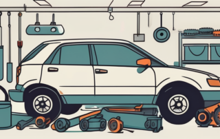 A car in a garage with various mechanical tools scattered around