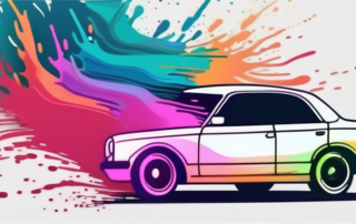 A spray paint can with a vibrant color stream