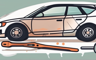 A car with a visible dent on the side and tools like a suction cup dent puller and a hammer nearby