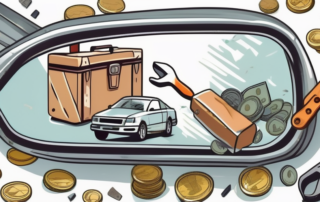 A broken car side mirror with a toolbox and various repair tools next to it