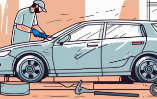 A car with visible scratches and dents being repaired with various tools and equipment