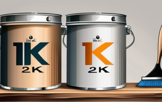 Two paint cans labeled '1k' and '2k' respectively
