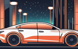 A car parked outside at night with its led lights illuminated