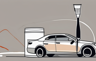 A car with peeling paint and a paintbrush and can of car paint nearby