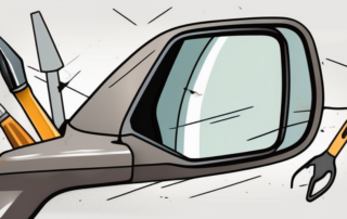 A damaged car side mirror with tools like a screwdriver