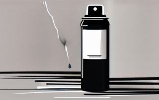 A glossy black spray paint can with a vibrant mist of paint coming out
