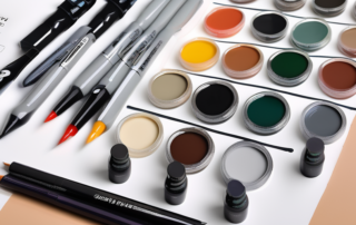 Various types of touch-up paint pens (lackstift) arranged on a table