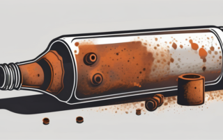 A rust converter bottle with rusted metal objects around it