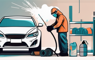 A set of car rims being spray painted