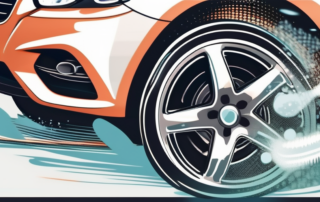 A set of car wheels being cleaned