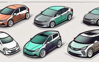 Several cars of different models and colors with price tags showing a decreasing trend