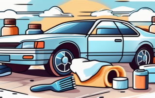 A well-maintained car gleaming under a sunny sky with various car care products like wax