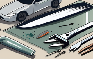 A car's windshield with visible stone chips