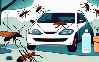 A car parked under a tree with various types of insects hovering around it